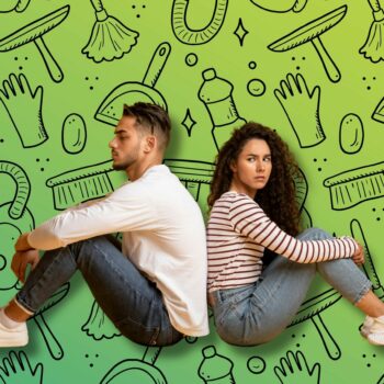 Arguing couple against a background of cleaning equipment. How to end the chore wars at home Antoinette Daniel Just Helpers Cleaning Agency