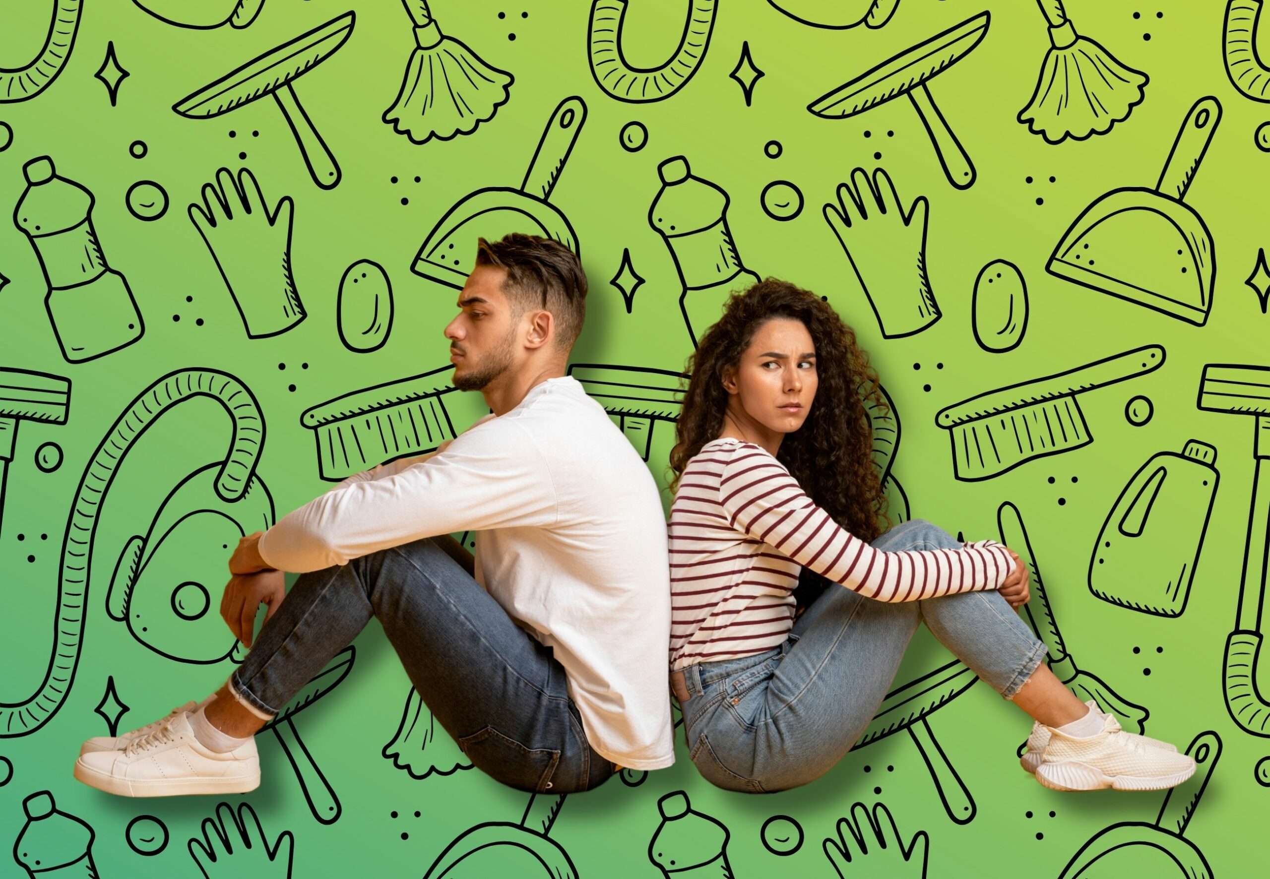 Arguing couple against a background of cleaning equipment. How to end the chore wars at home Antoinette Daniel Just Helpers Cleaning Agency