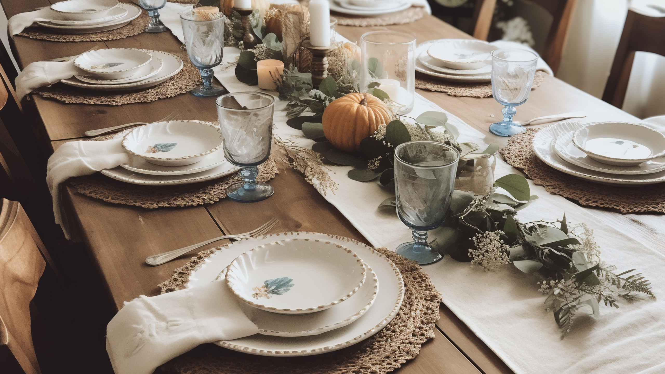 Rustic Style Dinner Table Setting With Table Runner, Ratten Place Mats and Autumn Table Decor