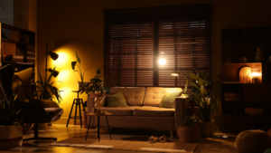 Sofa in living room lit with soft lighting